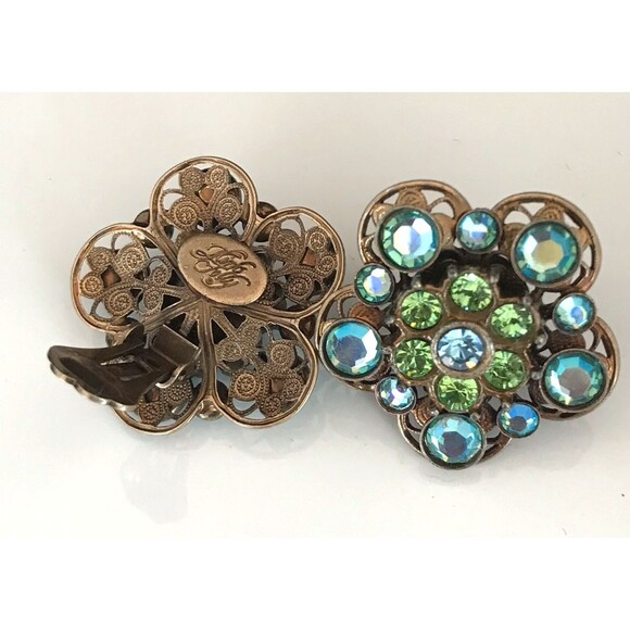 Kirks folly clip earrings - Gem Vintage Kirks Folly Earrings Clip Blue Green Crystals Antique Gold Tone - 7H